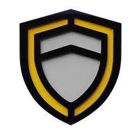Schwarzes und gelbes Schild-Logo, 3D-Darstellung.